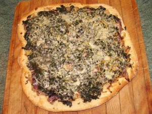 Kale and cheddar pizza